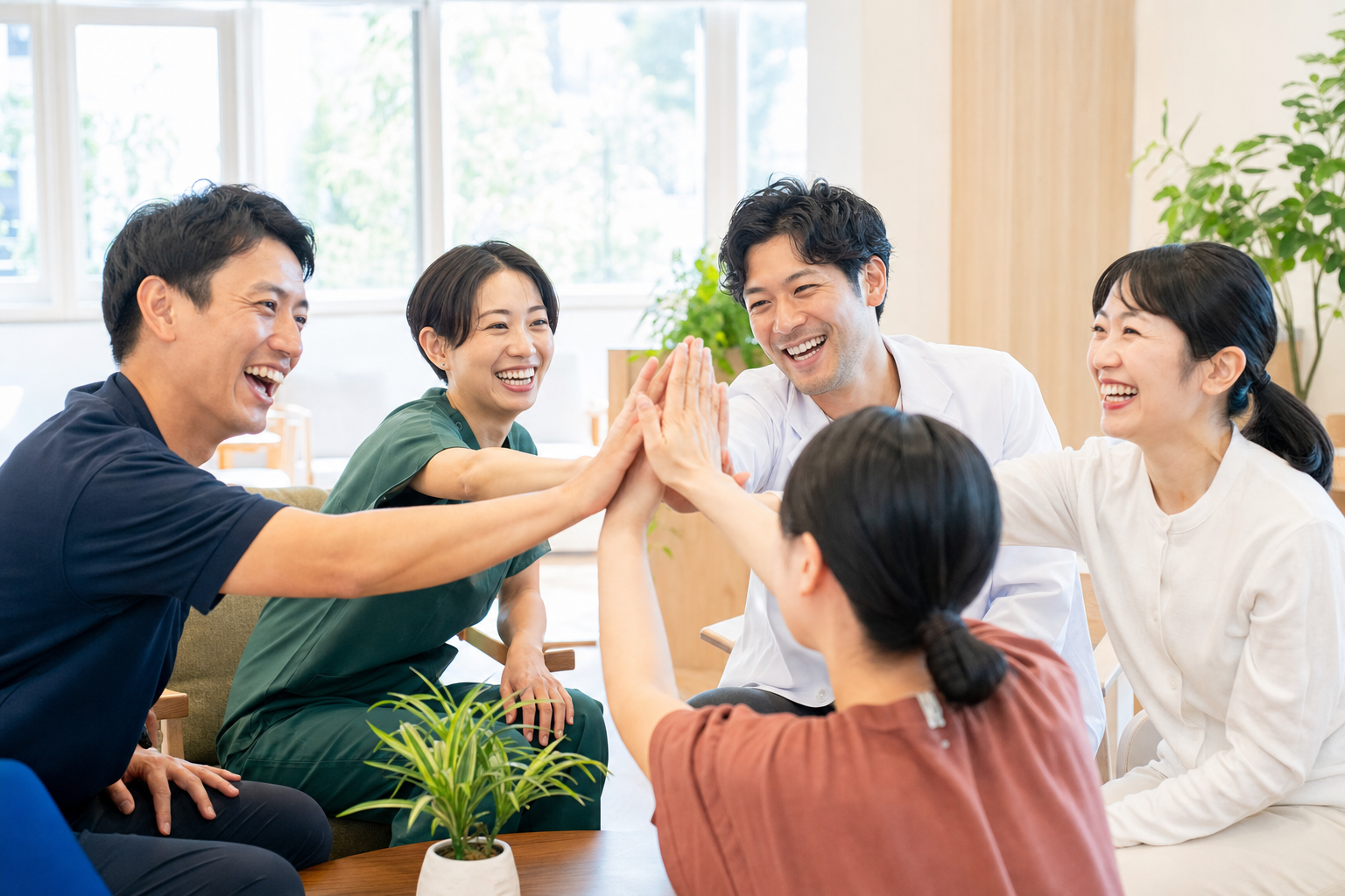 明るい施設内で元気に笑い合うスタッフチーム